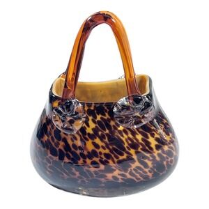 Hand Blown Art Glass Purse Vase Tortoiseshell Amber Brown Decorative‎ Glass